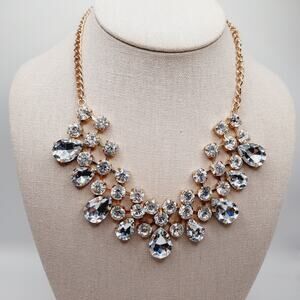 Clear Rhinestone Gold Tone Statement Necklace Bridal Prom Glam 18"